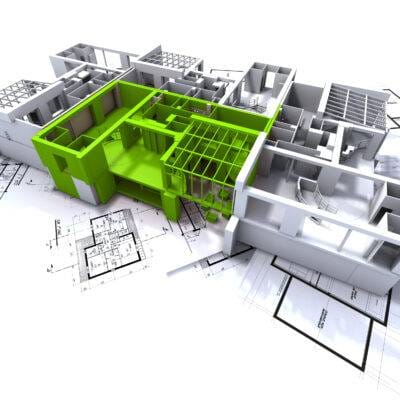 Apartment highlighted in green on a white architecture mockup on top of architect's plans